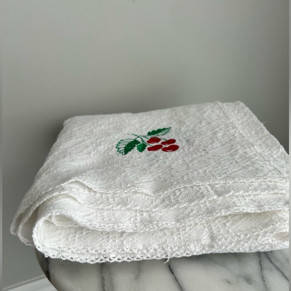 Vintage White Tablecloth w Cherry design, grannycore, farmhouse decor, cottage - Picture 3 of 3